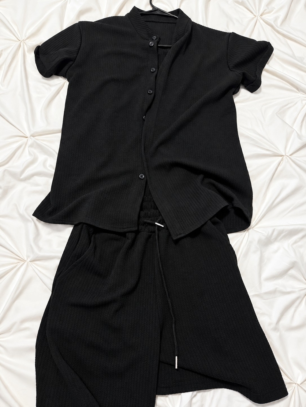 Black Ribbed Short Sleeve Shorts Set